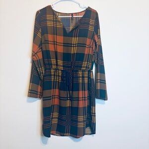 Peppermint Plaid V-Neck Drawstring Mini Dress in Rust, Olive & Navy